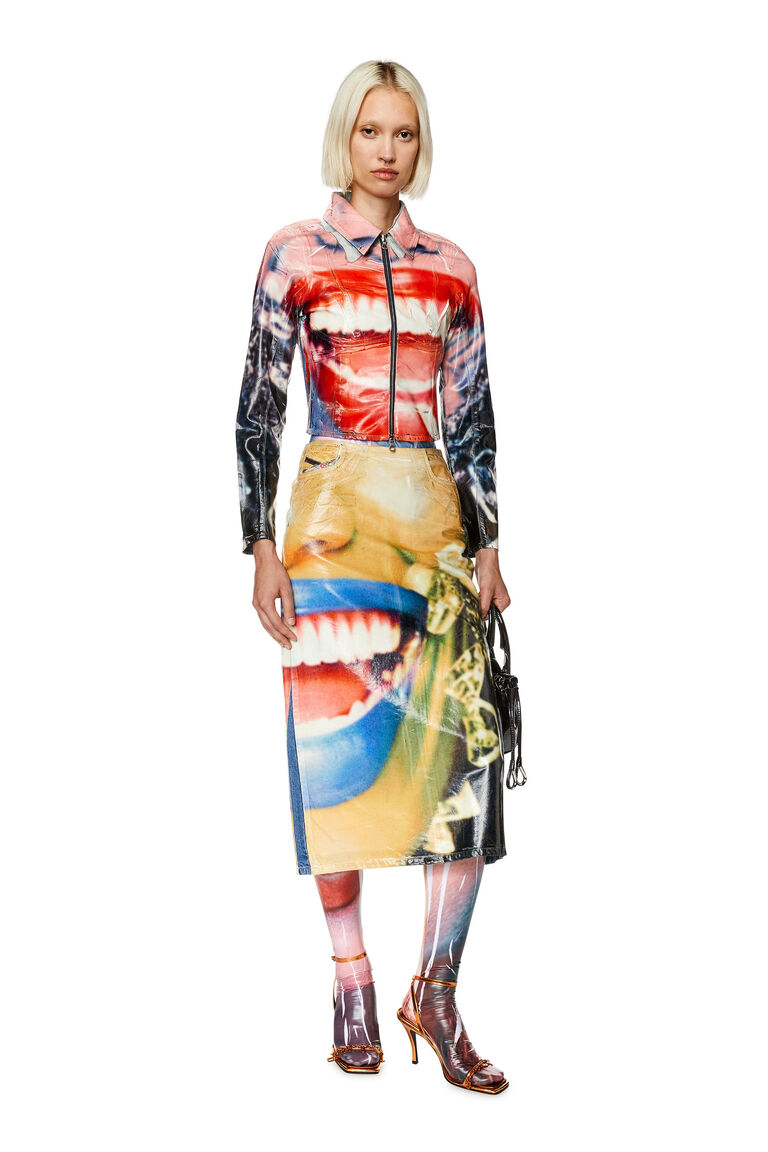 Women's Denim midi skirt with Smiley Faces print | DE-PRA-FSD Diesel A12016068JP