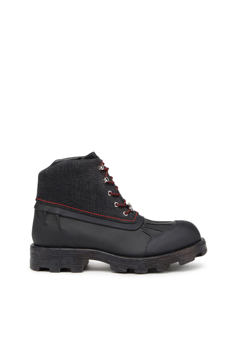Men's D-Hammer ABT D - Leather boots with denim collar | D-HAMMER ABT D Diesel Y03230P5657